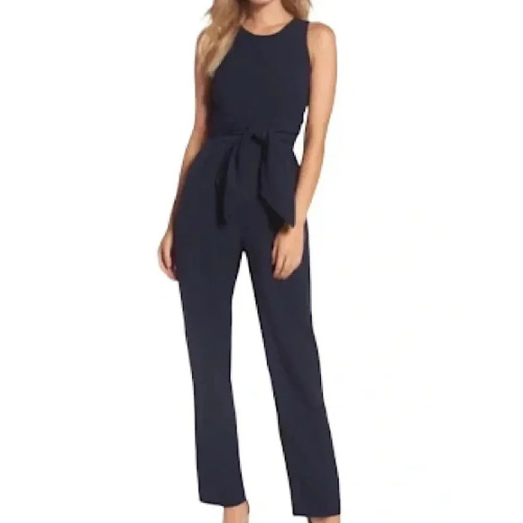 Eliza J Crepe Navy Blue Tie Front Jumpsuit - Picture 1 of 7